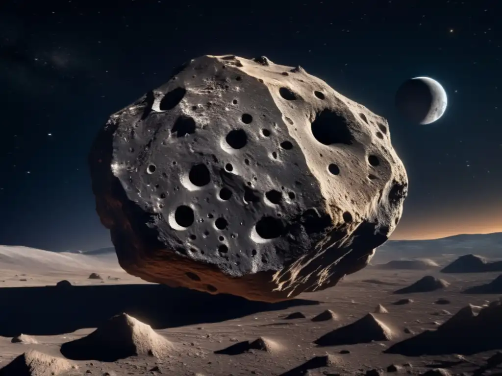 Oportunidades de inversión en asteroides: Imagen impresionante de un asteroide masivo en el espacio, con detalles intrincados en su superficie rugosa