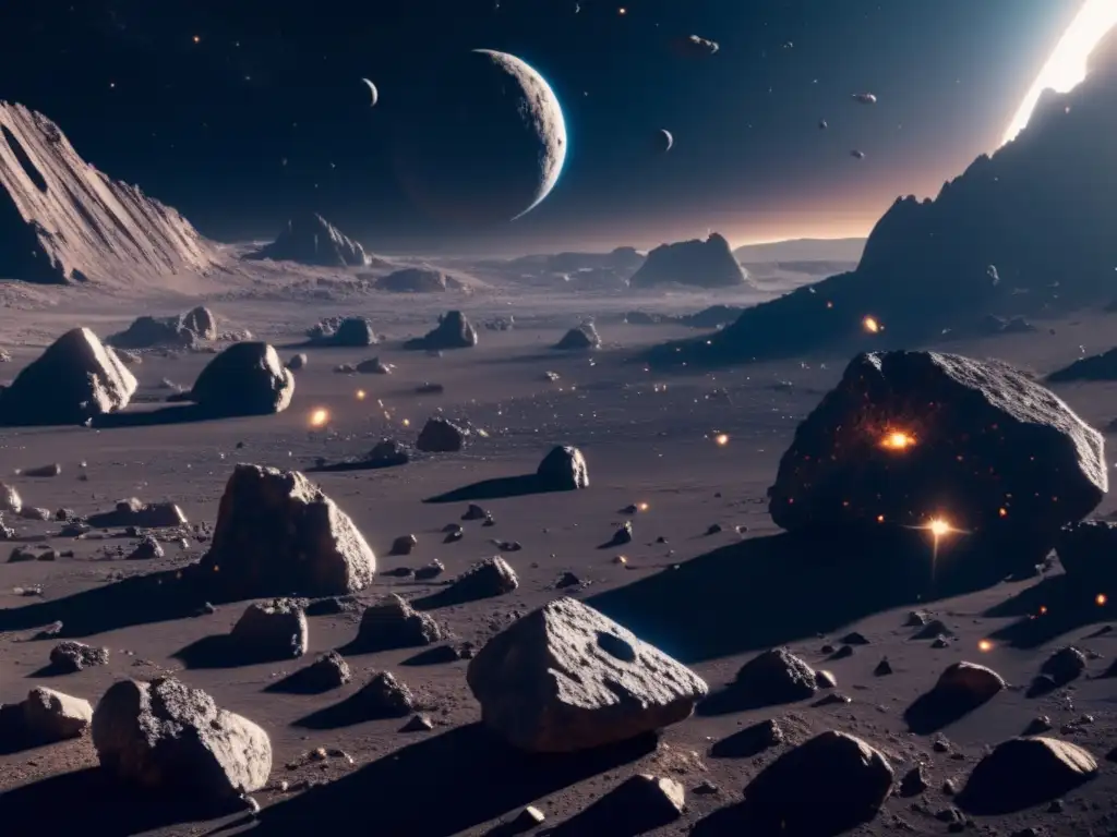 Oportunidades de inversión en asteroides: vasto campo de asteroides en 8k con nave espacial minera futurista y tecnología avanzada