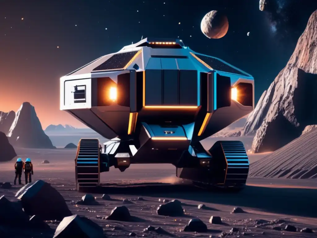 Oportunidades en minería espacial: nave minera futurista y asteroides