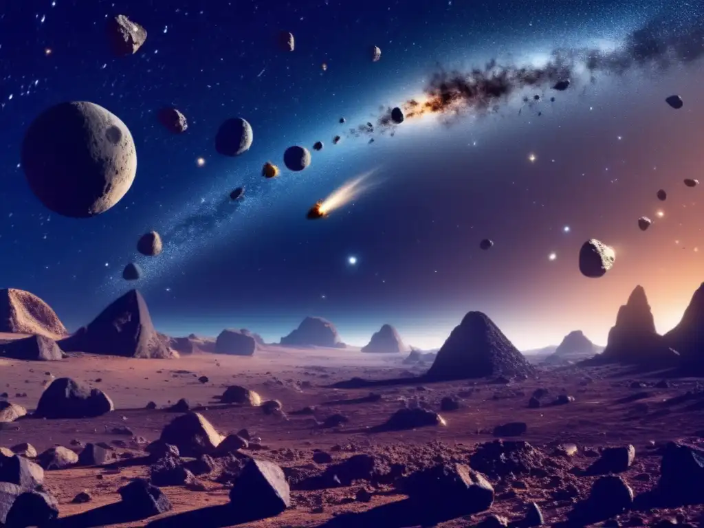 Órbitas asteroides cercanos a la Tierra: Vista fascinante del cielo nocturno lleno de asteroides de diferentes tamaños y composiciones