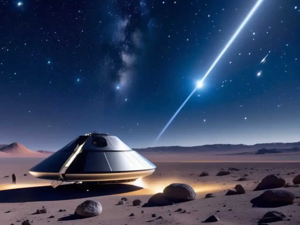 Órbitas asteroides no detectados en la inmensidad estelar, nave espacial futurista iluminada en azul celestial