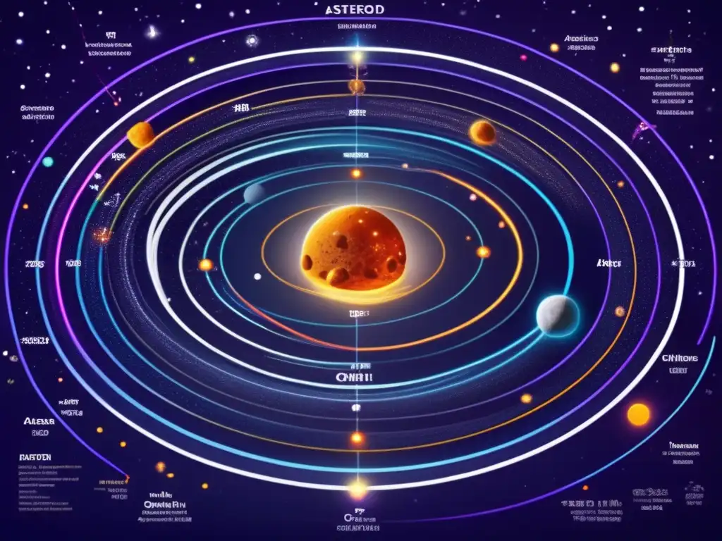Órbitas asteroides peligrosos visualización: Detallada imagen de órbitas de asteroides, representando riesgos y visualización científica