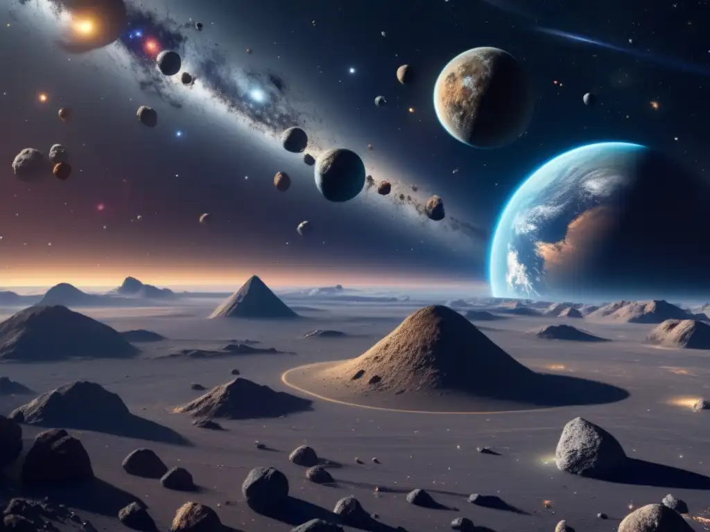 Órbitas de asteroides peligrosos en espacio detallado 8k con la Tierra en la distancia