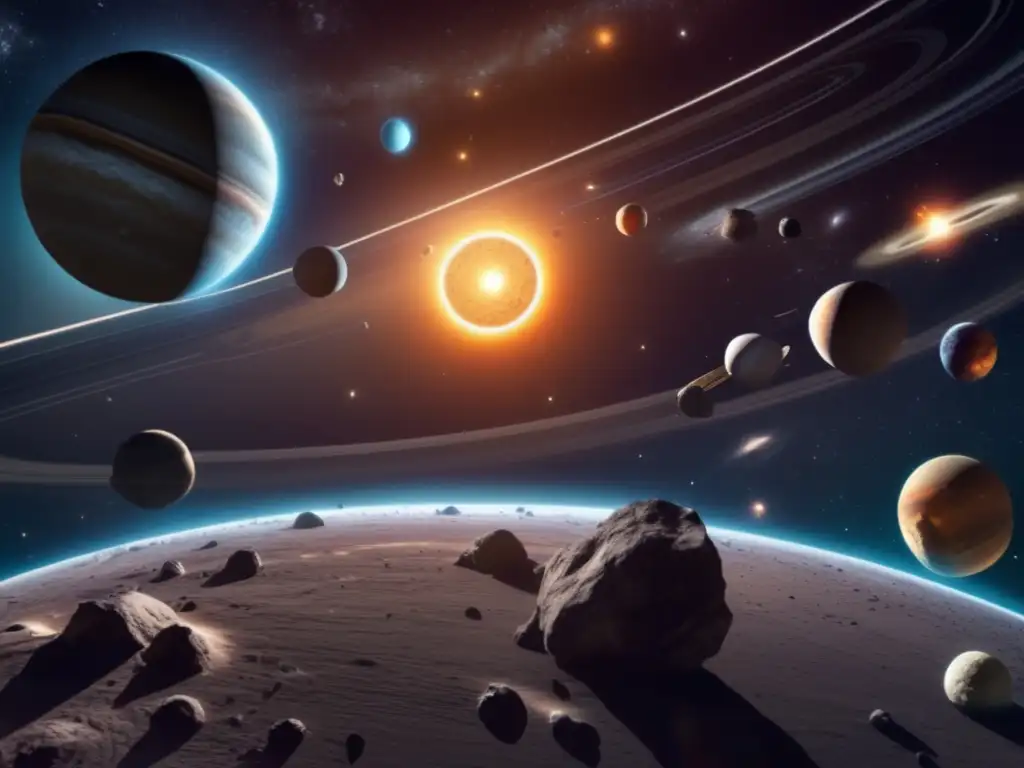 Órbitas asteroides peligrosos visualización en imagen 8k de sistema solar, destaca trayectorias y colores vibrantes