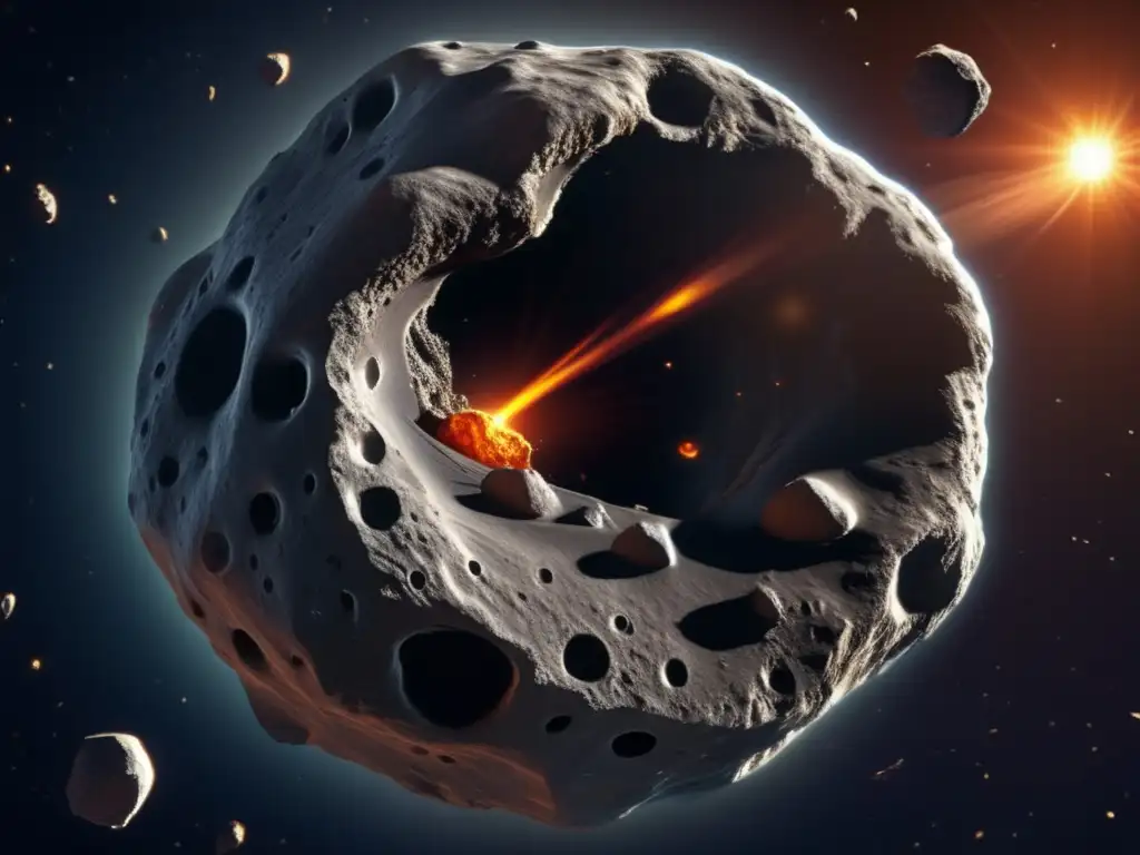 Composición orgánica asteroides exploración: Asteroide masivo en el espacio con superficie rugosa y texturizada, contrastando con la nave espacial cercana