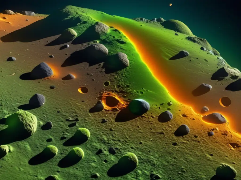 Composición y origen de asteroides S: imagen detallada de un asteroide con formaciones minerales y colores vibrantes