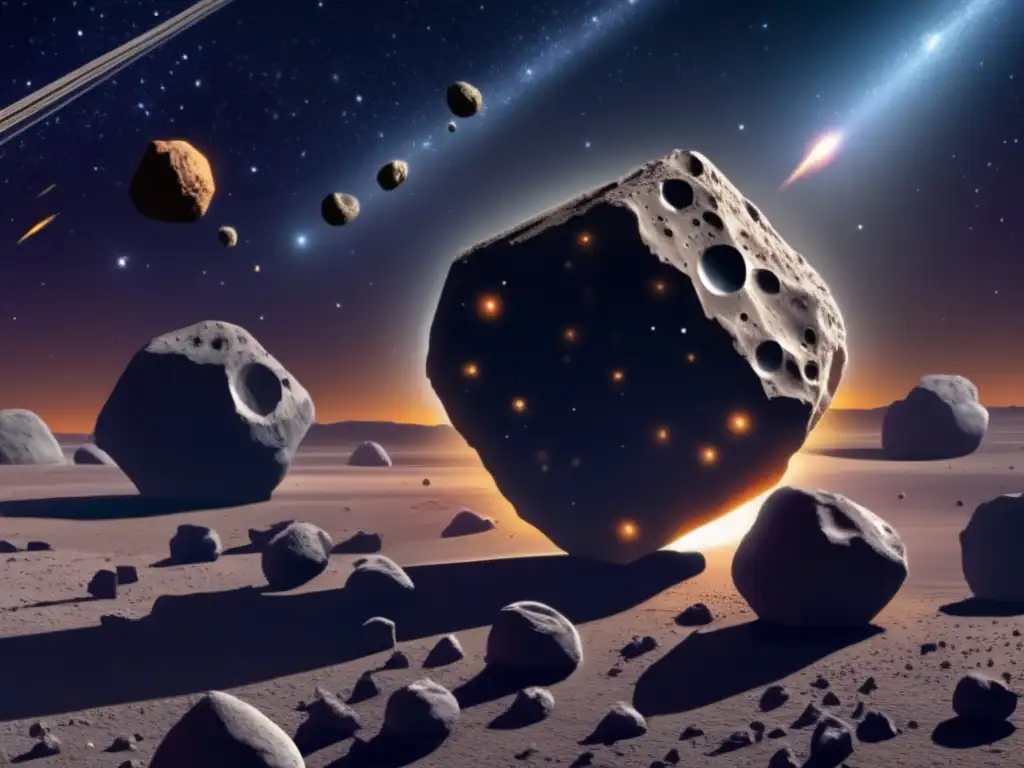 Origen sistema solar asteroides troyanos: imagen detallada de asteroides troyanos en el sistema solar, con variados tamaños, formas y composiciones