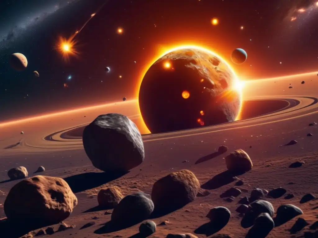Escena vibrante: El sistema solar temprano y el cinturón de asteroides Orígenes del sistema solar revelados: Imagen 8k de asteroides orbitando un joven sol, con detalles impresionantes de su superficie