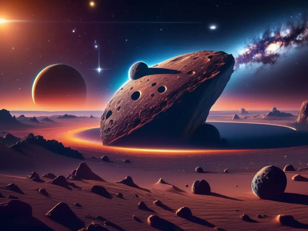 Asteroida cósmica bañada en luz solar, revelando secretos del universo Orígenes del sistema solar revelados: vista impresionante de la galaxia con asteroide prominente