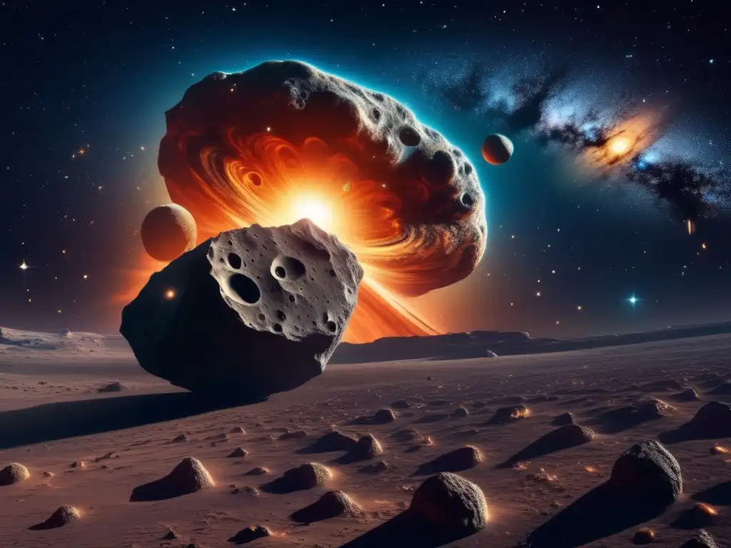 Paisaje cósmico 8K: asteroide gigante y Trojans orbitando - Conexión Troyanos eventos extinción masiva