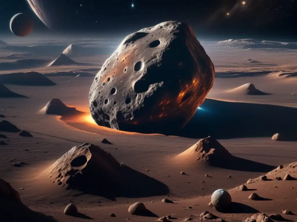 Paisaje cósmico en 8k con asteroide y misterios de los asteroides troyanos