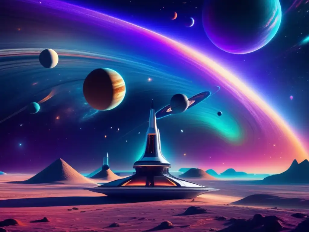 Paisaje cósmico con colores vibrantes y nave espacial futurista buscando meteoritos y vida en otros planetas