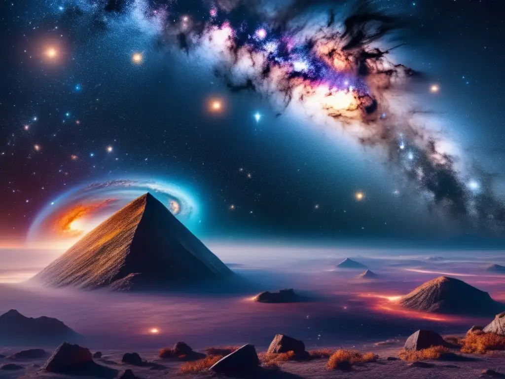 Paisaje cósmico con galaxia y estrellas, colores vibrantes y asteroides: regulaciones de propiedad de asteroides