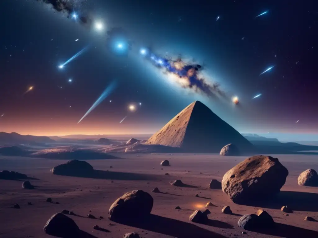 Paisaje cósmico impresionante con asteroides, estrellas y reflexiones filosóficas