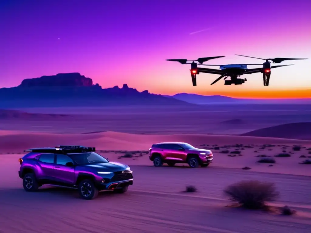 Paisaje desierto al atardecer con drones comunicación frontera final