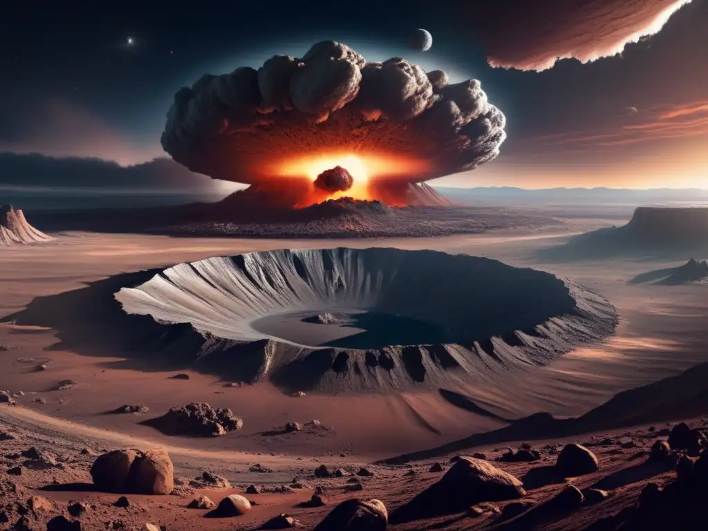 Paisaje desolado con cráter de asteroide rodeado de terreno rocoso y científicos explorando - Exploración de asteroides para astrobiología