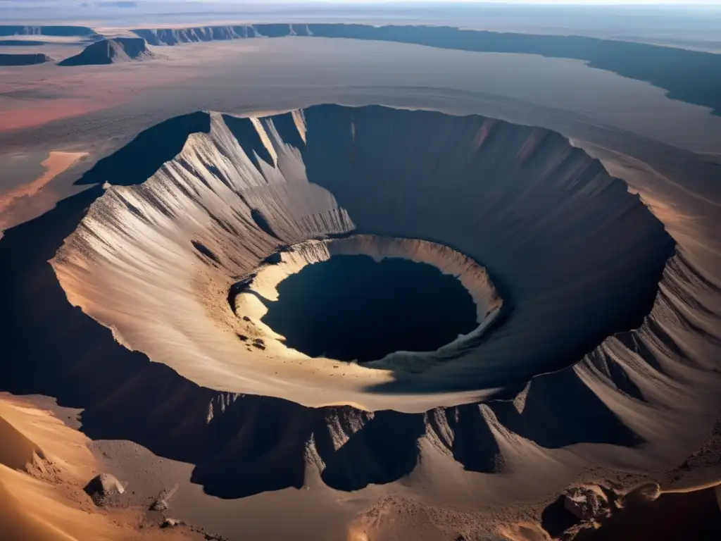 Paisaje desolado con crater central rodeado de terreno irregular y sombras largas