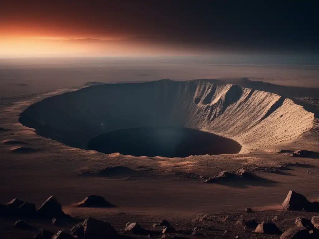 Paisaje desolado con gran cráter causado por asteroide