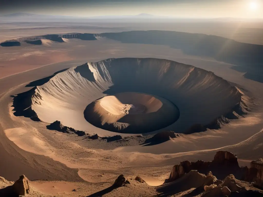 Paisaje desolado con gran cráter central, resaltando impacto de asteroides y exploración de recursos en asteroides