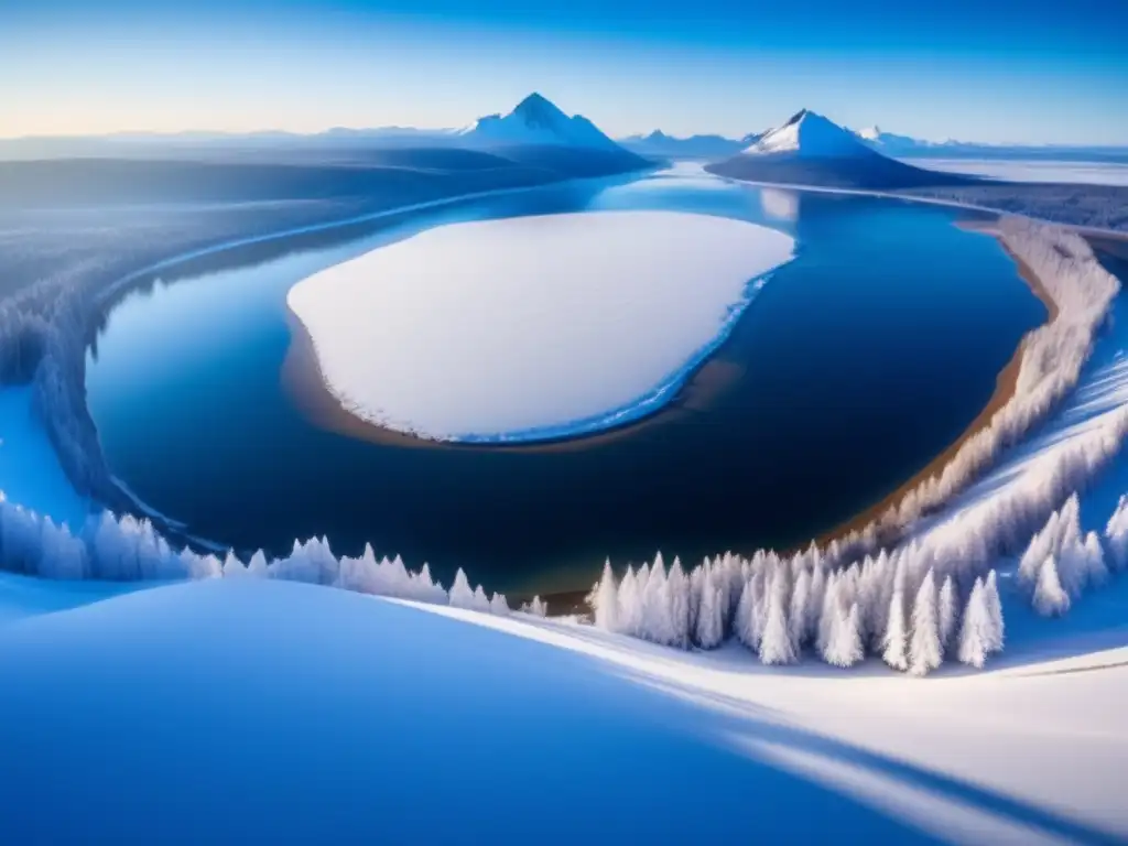 Paisaje desolado de Siberia con lago congelado, árboles nevados y montañas, iluminado por asteroide