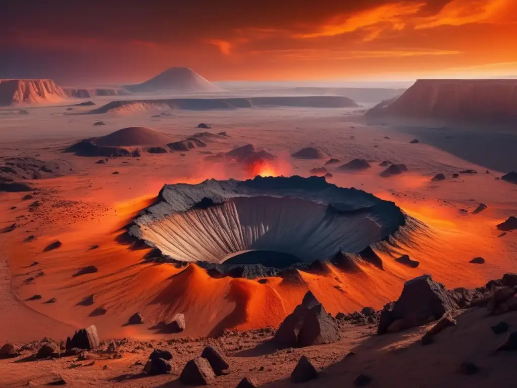 Paisaje extraterrestre con cielo naranja y cráter de impacto rodeado de escombros y meteoritos