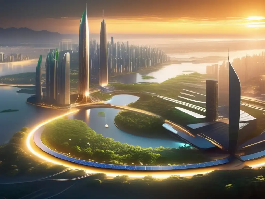 Paisaje futurista de ciudad en desarrollo con energía solar espacial
