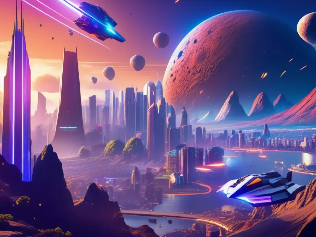 Paisaje futurista de videojuego con ciudad vibrante y asteroide impactante