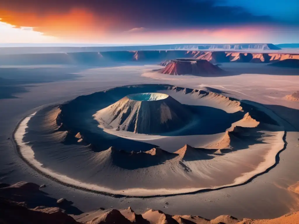 Paisaje impactante: cráter, rocas, acantilados, cielo vibrante y asteroide amenazante