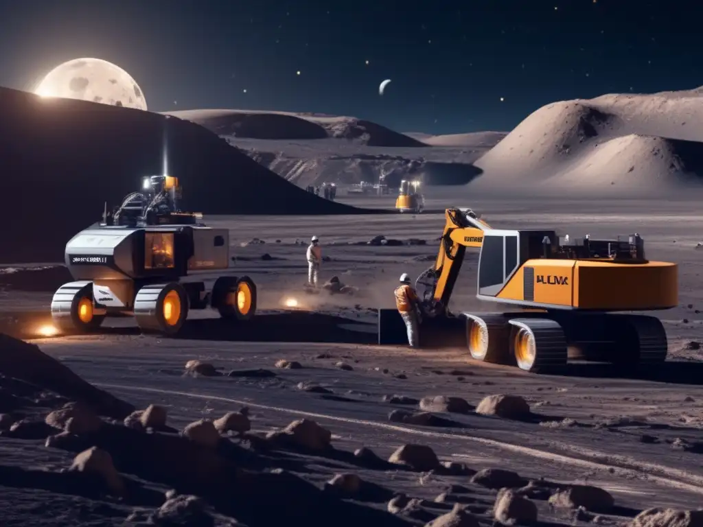 Paisaje lunar futurista con extracción de Helium3 y exploración de recursos en asteroides