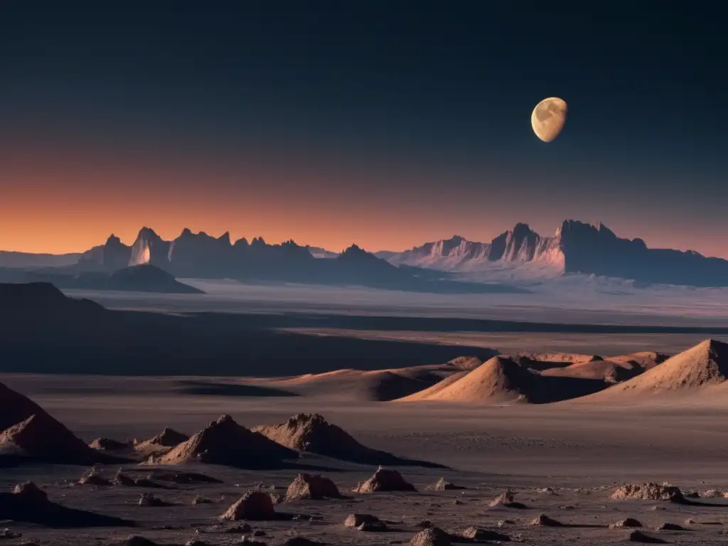 Paisaje lunar con montañas majestuosas y rover futurista recolectando recursos - Valorización de recursos espaciales con IA