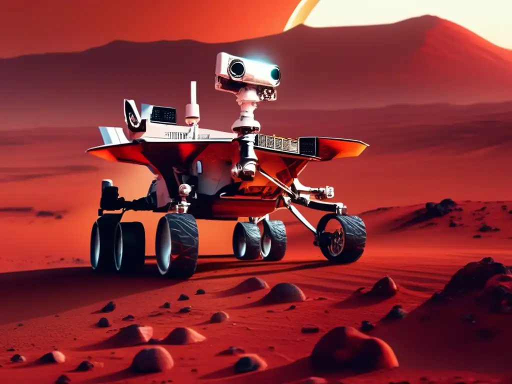 Paisaje marciano con rover autónomo: Exploración espacial con vehículos autónomos