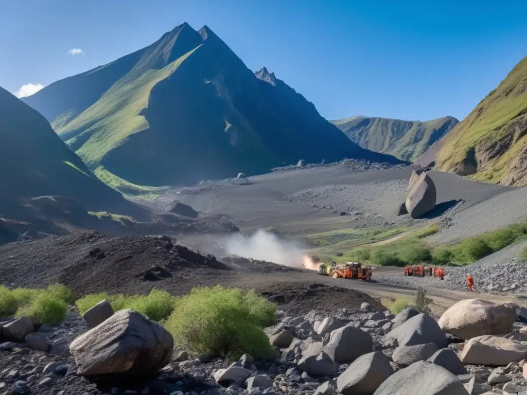 Paisaje montañoso con terreno accidentado, equipo de rescate y planes de contingencia asteroide