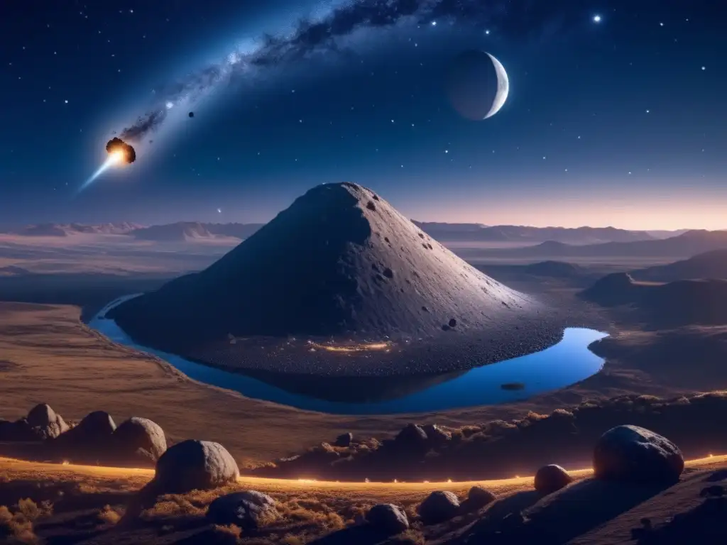 Paisaje nocturno con asteroide amenazante e impacto probable en la Tierra