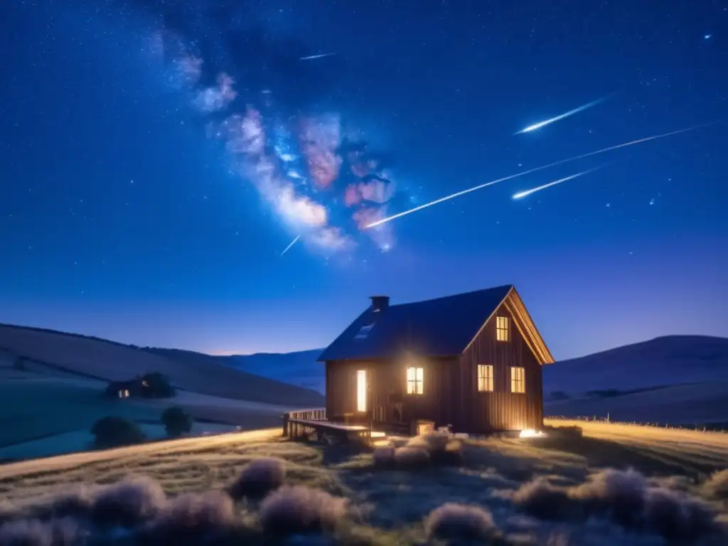 Paisaje nocturno estrellado con casa rural iluminada y meteoritos impactando la Tierra
