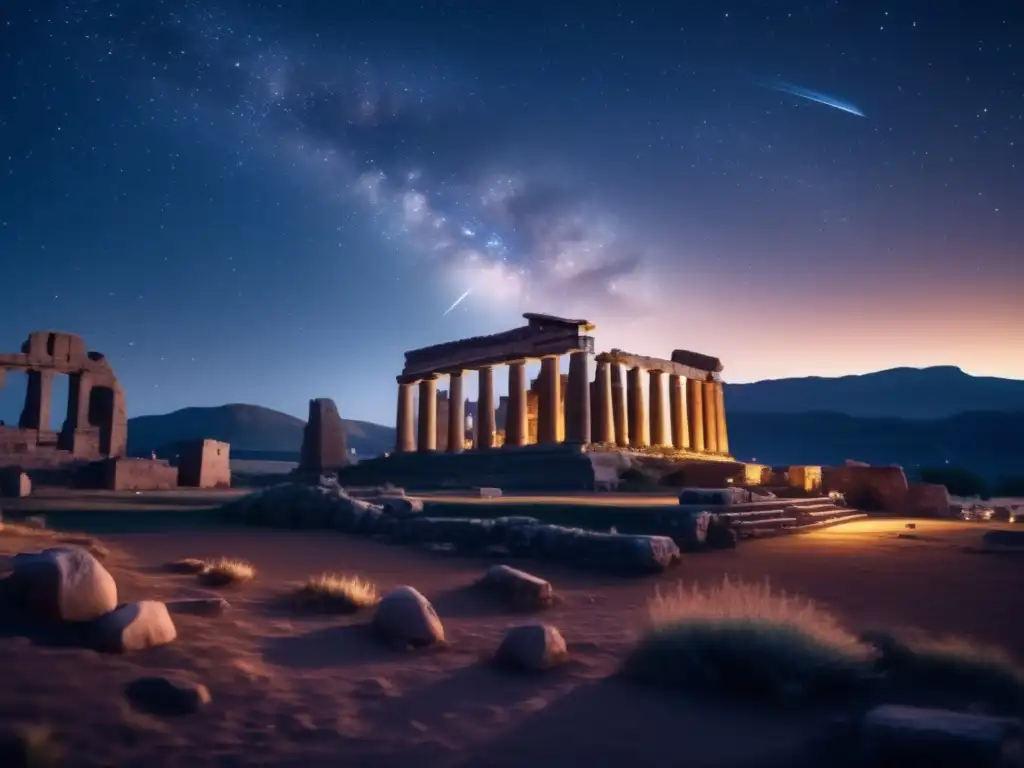 Paisaje nocturno con estrellas y ruinas antiguas, evocando la conexión entre culturas y el fenómeno de las estrellas fugaces