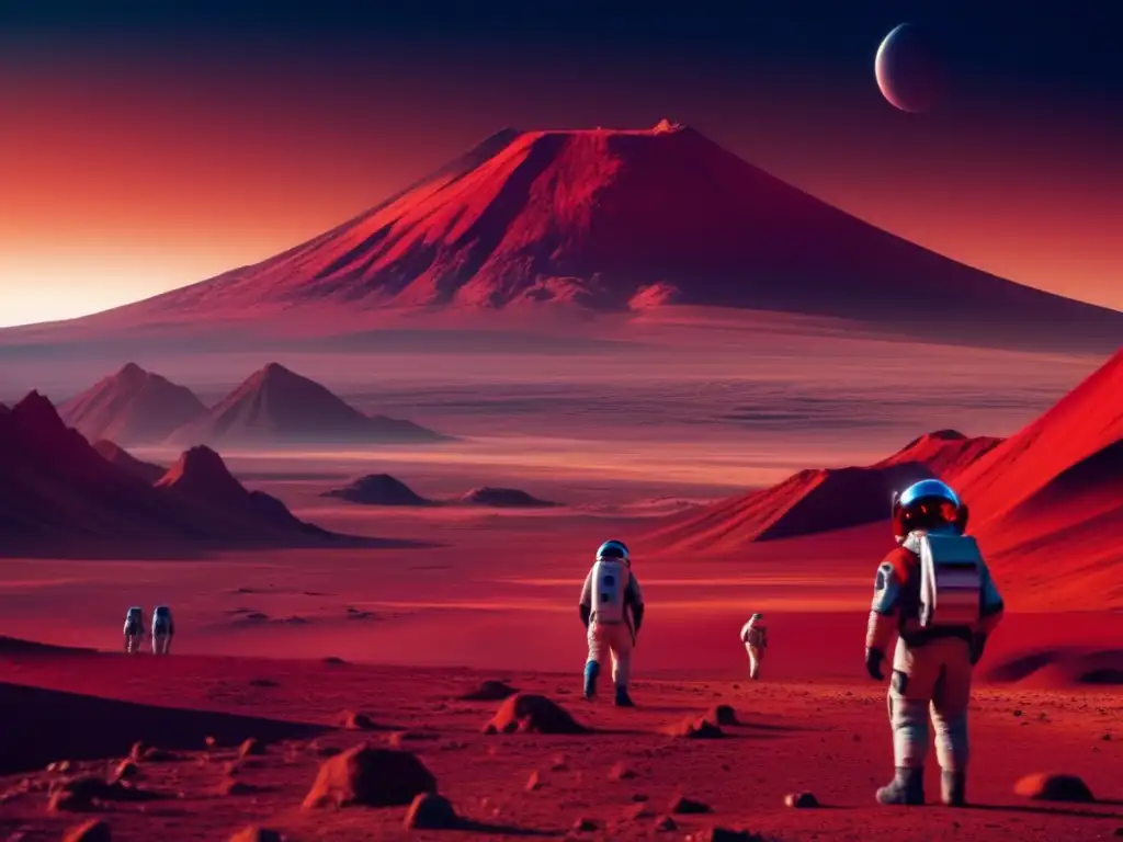 Paisaje rojo marciano con volcan Olympus Mons y científicos explorando asteroides S vecinos planetarios