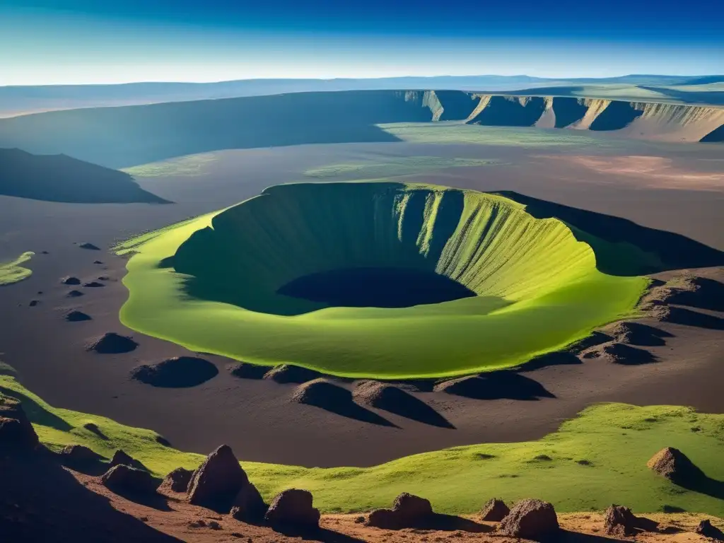 Paisaje sereno con colinas verdes y un cráter masivo: Descubriendo asteroides cercanos a la Tierra