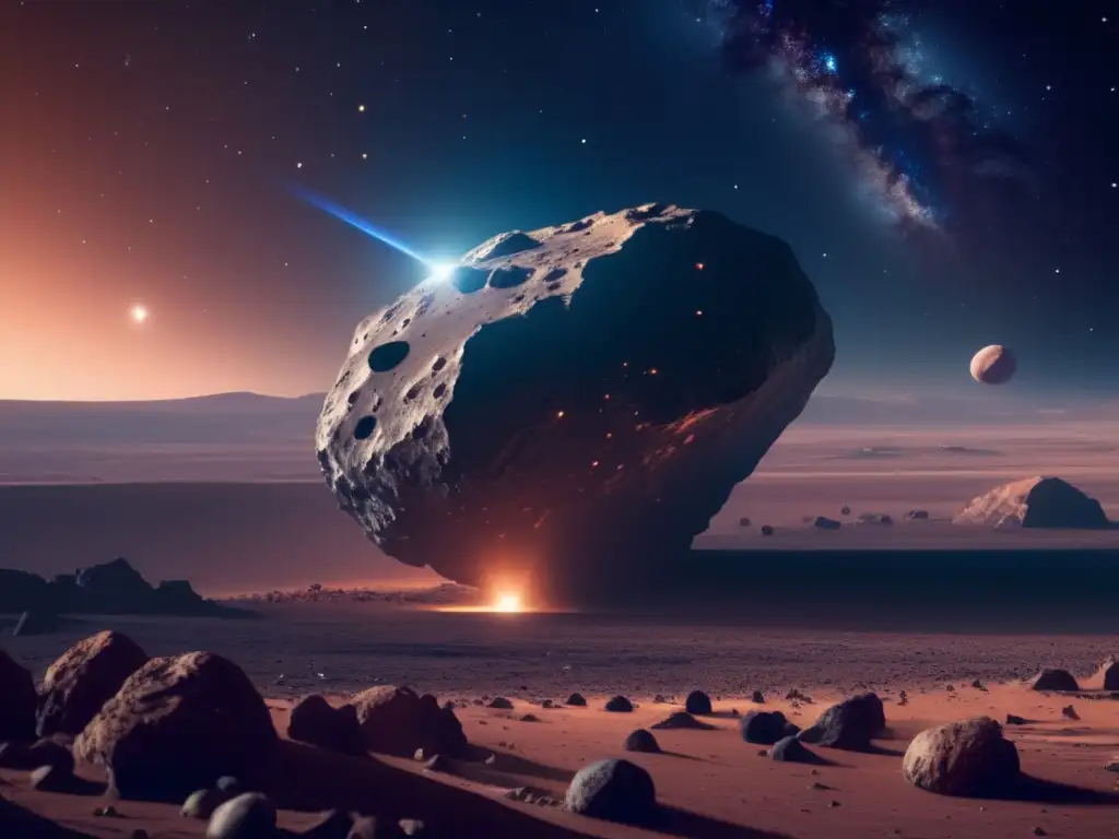 Paisajes cósmicos estelares con asteroide, nave futurista y competencia internacional recursos asteroides