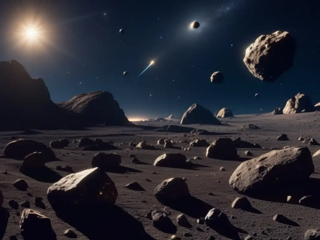 Panorama de asteroides en el espacio, con extracción de metales y detalles impresionantes