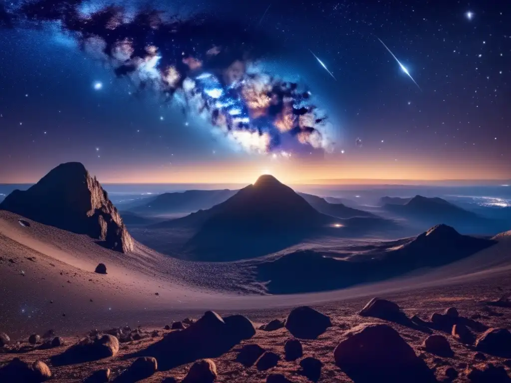 Panorama celestial con asteroides y estrellas brillantes