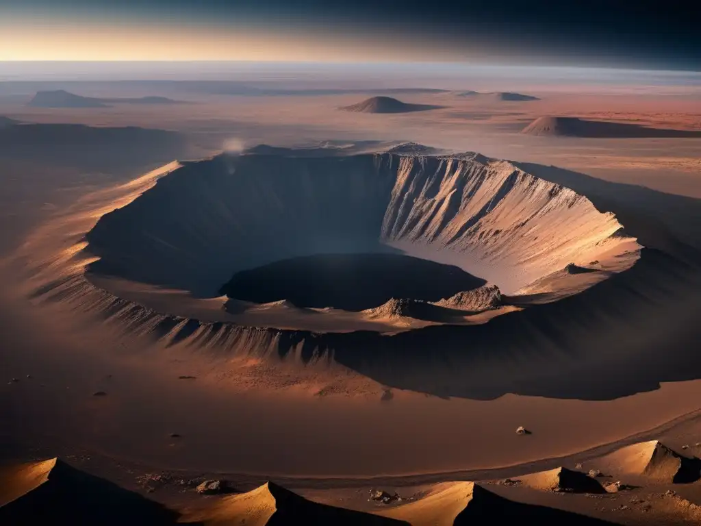 Panorama de un cráter creado por impacto de asteroide, rodeado de terreno agreste y formaciones rocosas