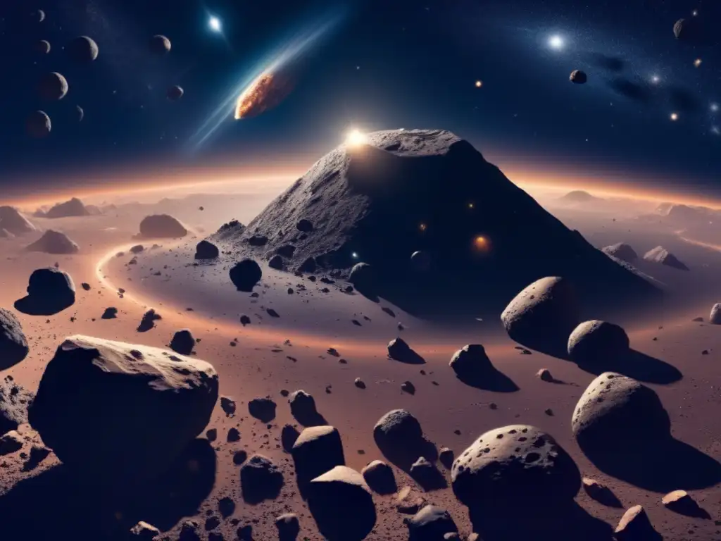 Panorama del espacio con asteroides flotando en la oscuridad