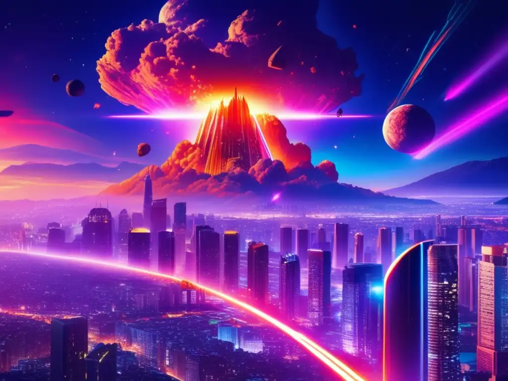 Panorama nocturno de una ciudad futurista iluminada por luces neón, con un asteroide en colisión