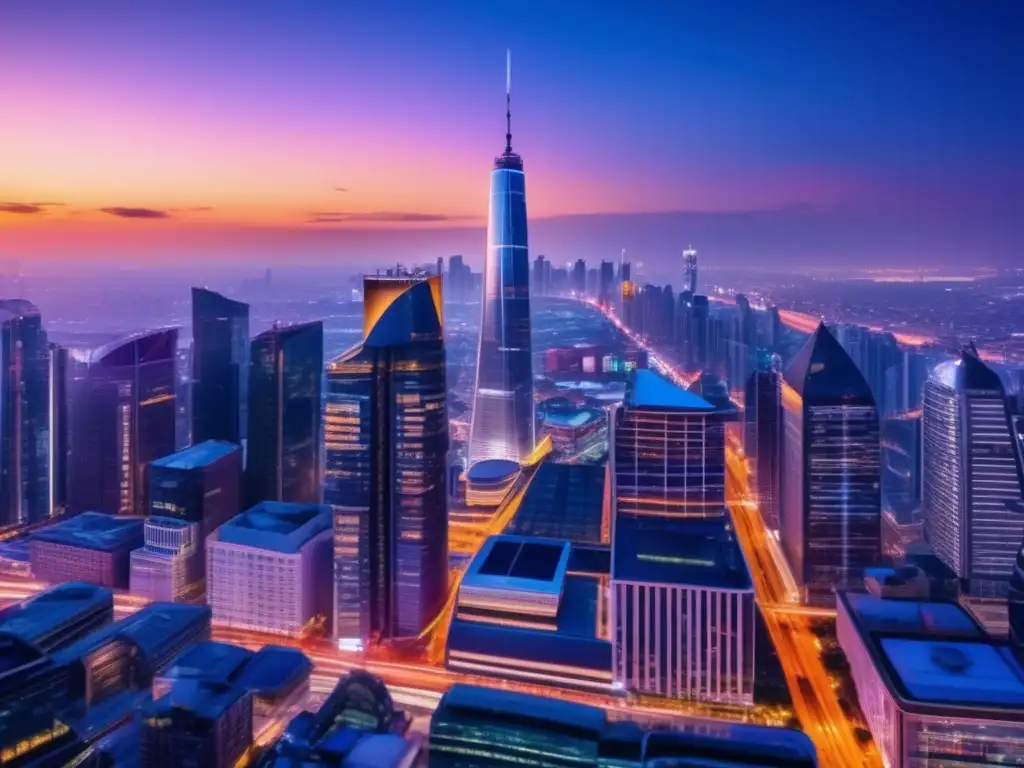 Panorama nocturno de ciudad con rascacielos iluminados, energía dinámica y amenaza espacial