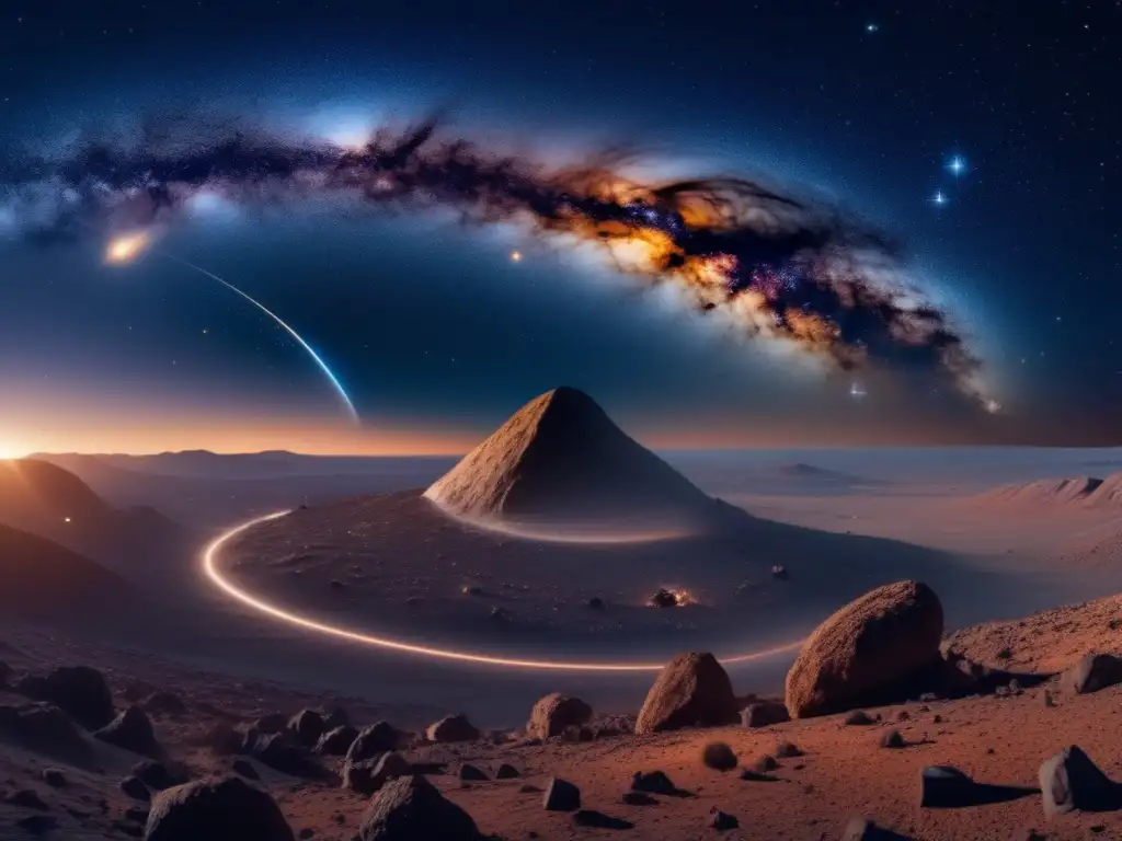 Panorama nocturno estelar con asteroide y predicciones retorno asteroides famosos