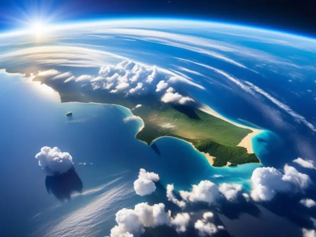 Panorama de la Tierra desde el espacio, con océanos azules, nubes blancas y continentes verdes