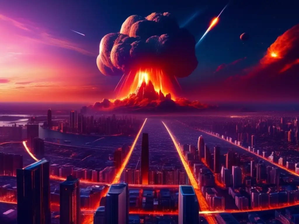 Panorama urbano al atardecer con modernos rascacielos e iluminadas calles, mientras un asteroide en llamas se acerca a la Tierra