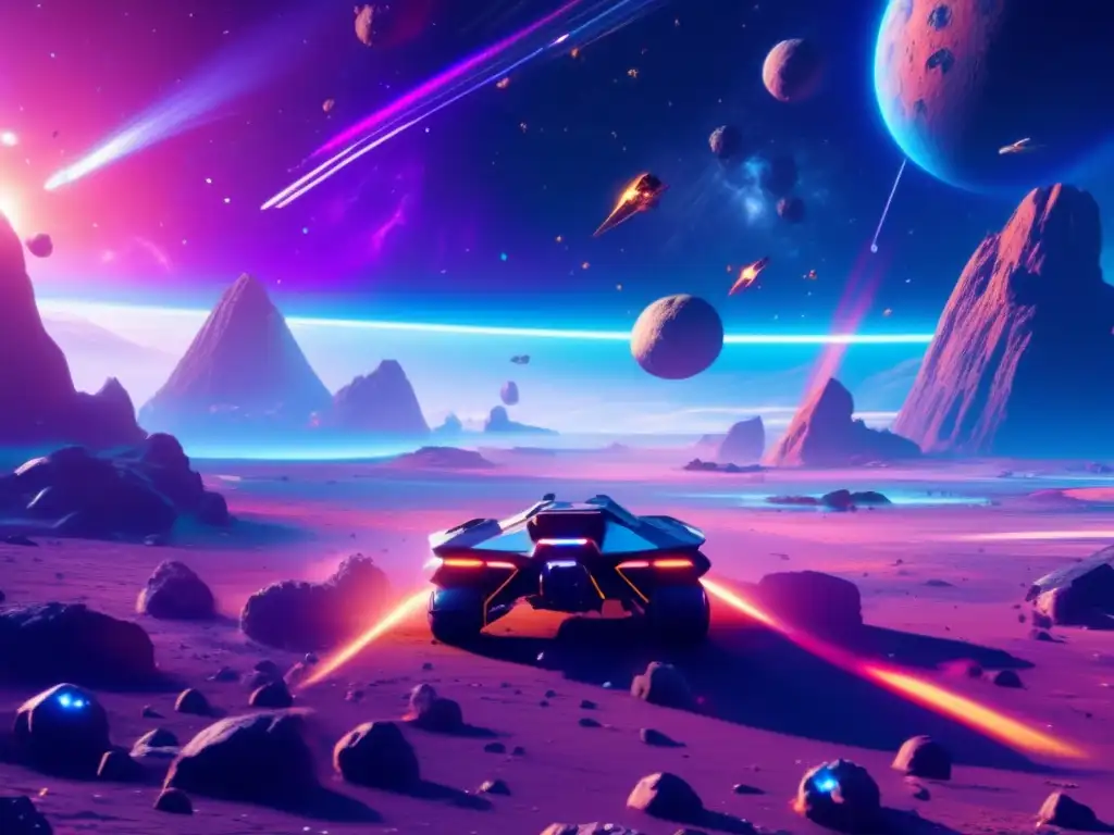 Papel asteroides tramas videojuegos: Escena futurista en el espacio con un campo de asteroides iluminado por nebulosas vibrantes