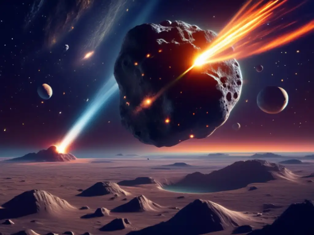 Película de impacto de asteroides: una imagen ultradetallada muestra una escena cinematográfica de un asteroide que se acerca a la Tierra, con un vasto espacio estelar de fondo