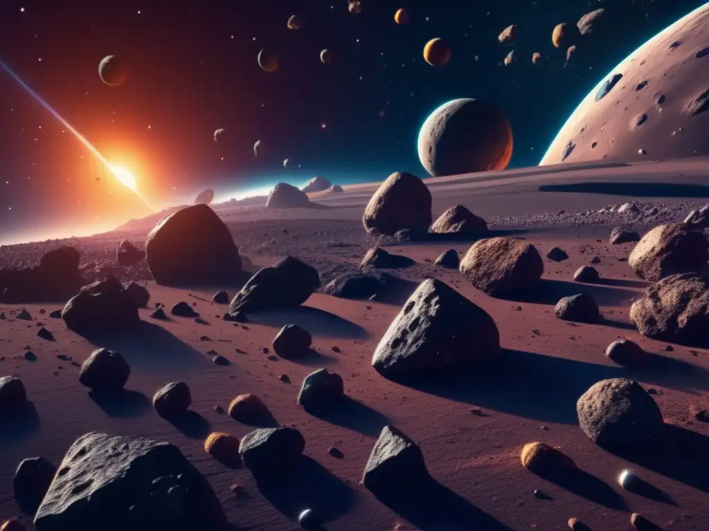 Películas educativas sobre asteroides: Imagen impresionante en 8k muestra el espacio lleno de asteroides, colores vibrantes y composición variada
